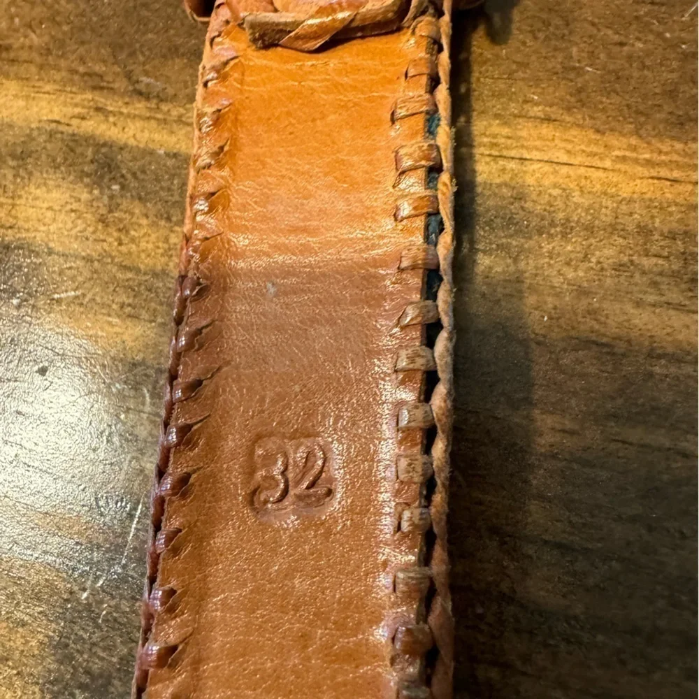 Vintage Leather & Woven Multicolor Cotton Belt Size 32 Hand Tooled